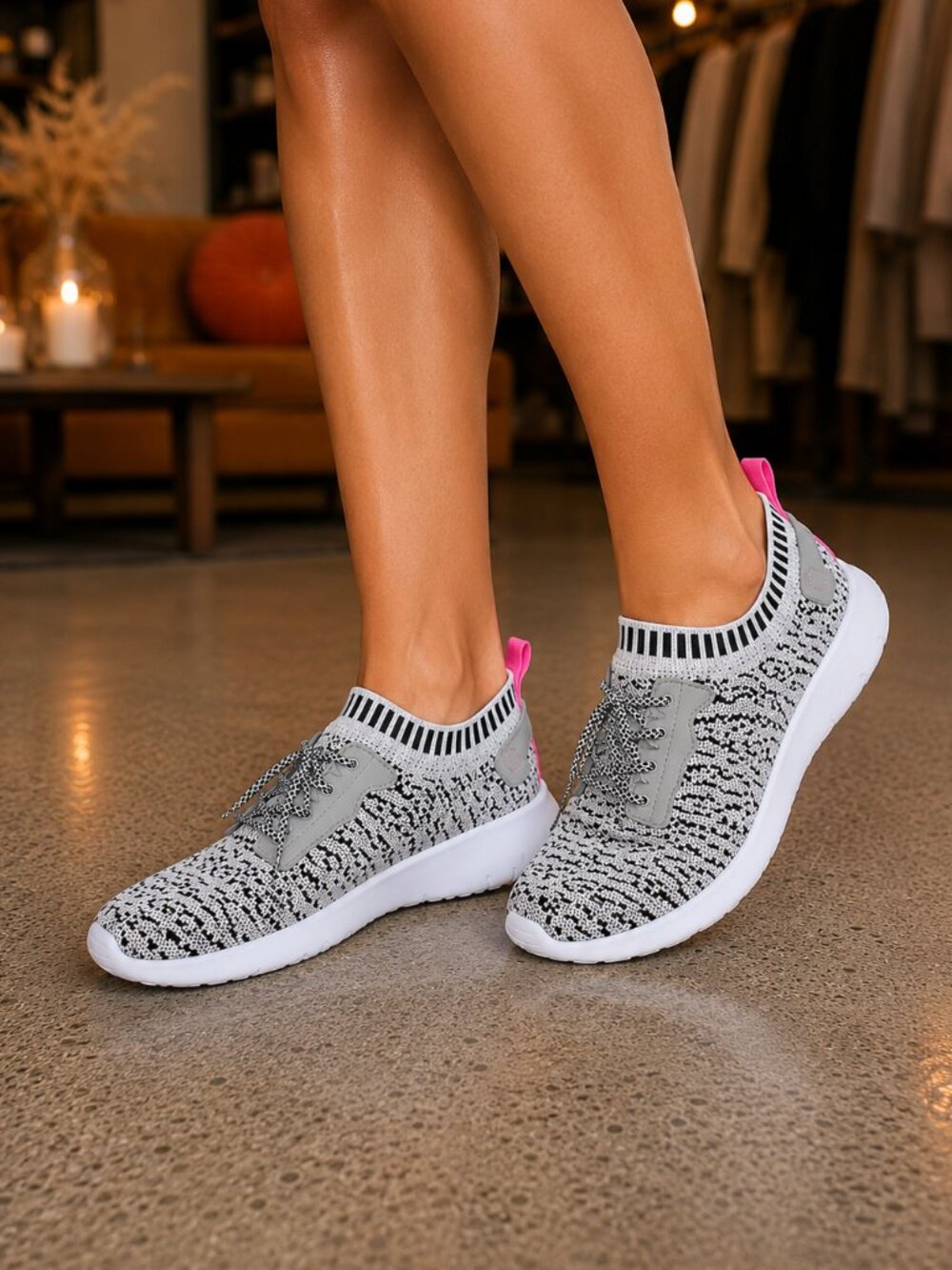 Gray Pink Stretch Knit Sneakers